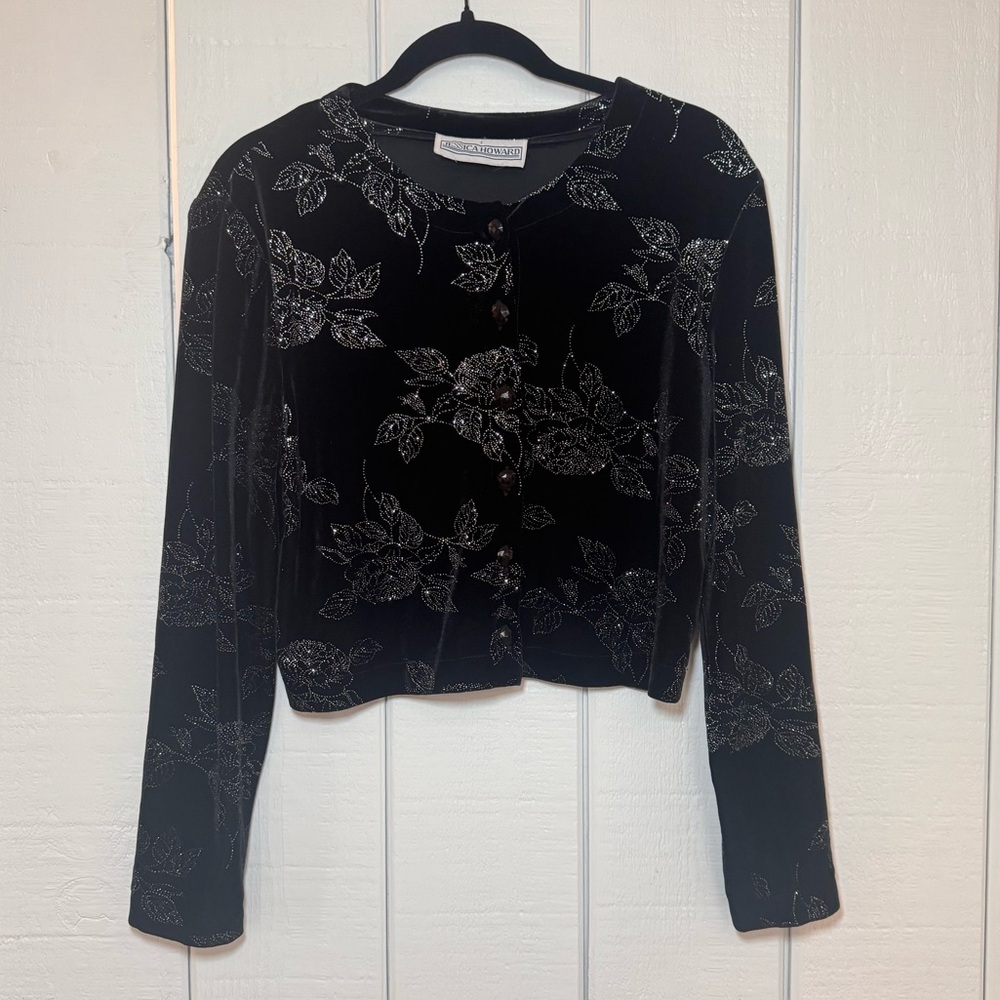 Vintage Jessica Howard Black Velvet Embellished Blouse